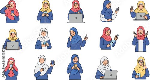 Illustrations of muslim women in hijabs using technology like phones and laptops in various poses