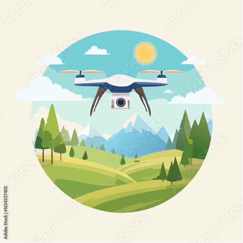 Drone flies over serene landscape capturing stunning aerial views of nature's beauty