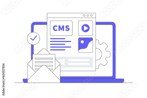 Content management system administration concept cms. CMS. Blog, Blogger. Freelancing. Creative writing. Script writing. Flat Cartoon Vector Illustration, icon Stylish abstract design landing page  