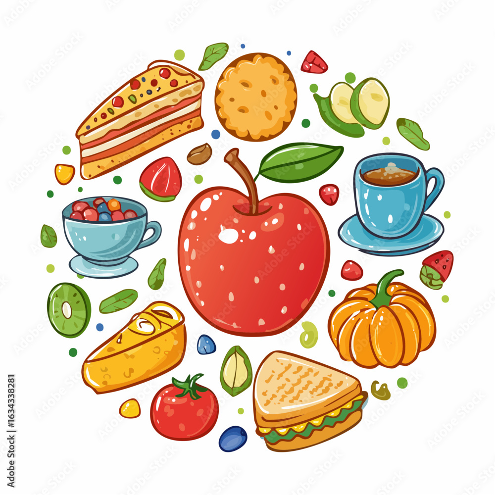 Fototapeta premium A Colorful and Diverse Selection of Food Items Arranged in an Appealing Circular Design