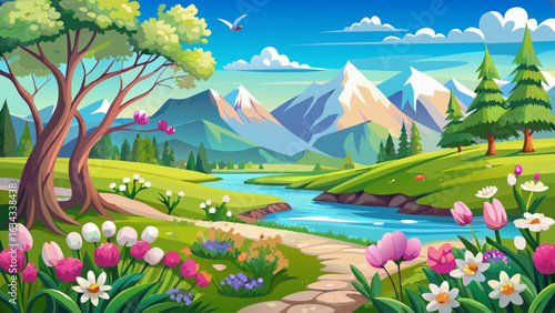 very beautiful  spring landscape panorama with flowering flowers on meadow