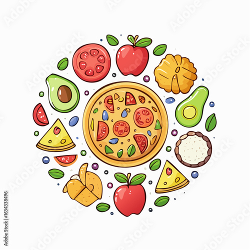 Colorful and Healthy Food Circle Composition with Pizza, Fruits, and Vegetables Arrangement