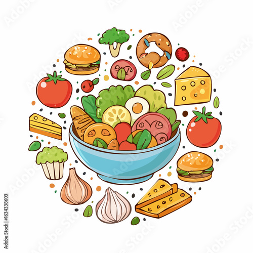 Colorful Collage of Healthy and Unhealthy Foods Forming a Balanced Diet Concept
