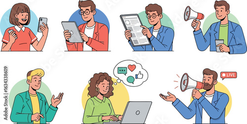 Diverse people using technology for communication and social media engagement in cartoon style