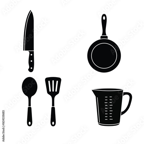 Black silhouette kitchen utensils including knife spoon spatula and measuring cup kitchenware cooking