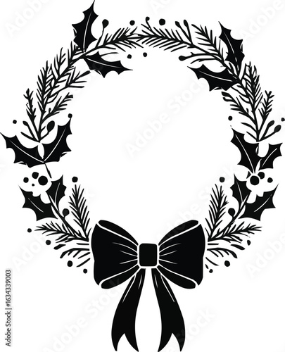 Silhouette vector of A minimalist silhouette illustration of a christmas wreath with a large bow against a pure white background. 