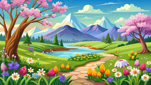 very beautiful  spring landscape panorama with flowering flowers on meadow