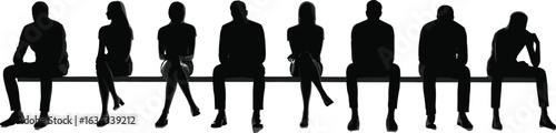 Silhouettes of men and women sitting on bench, group pose, black figures, social interaction, teamwork, business, casual meeting, isolated white background