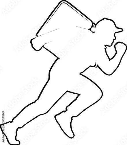 A outline silhouette of a courier sprinting forward with a square package held as a bag on back firmly