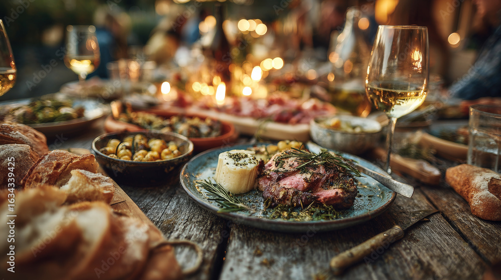 Fototapeta premium Rustic dining table is beautifully set with variety of homemade dishes, including plate of seasoned meat garnished with herbs, surrounded by bread, olives, and wine glasses, creating warm