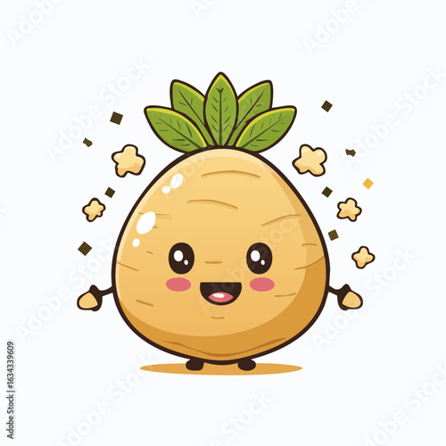 Adorable Turnip Character with Leafy Crown Radiating Happiness and Joyful Vibes