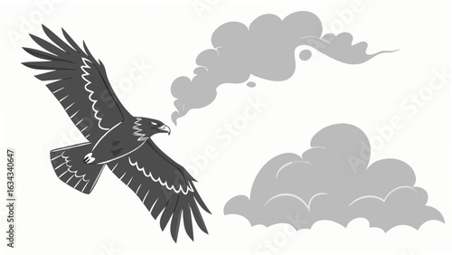 Illustration of a soaring eagle with detailed wings against a backdrop of fluffy gray clouds in the sky created with generated ai