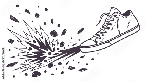 A shoe kicking up dust and debris with a burst effect in a black and white line drawing style image created with generated ai