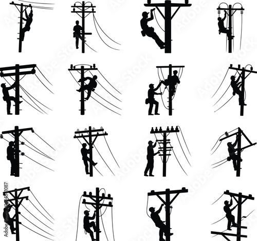 Silhouettes of linemen climbing and repairing electric poles, utility workers fixing power lines, energy cable maintenance, high voltage electrical technician job scene