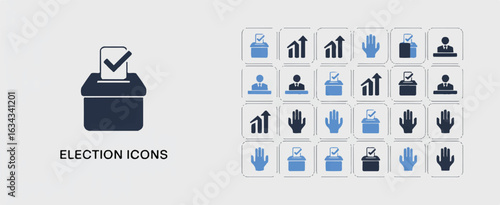 A set of 24 minimalist election and democracy icons arranged in a grid format against a white background. 