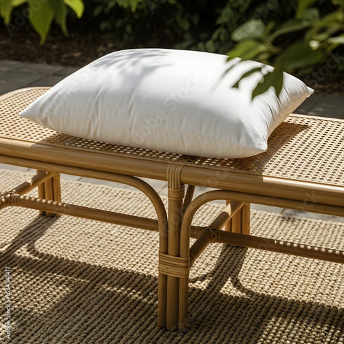 White pillow on outdoor rattan chair under warm sunlight
