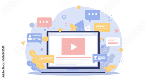Illustrative vector of laptop with video player and chat bubbles concept design