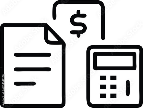 “Finance and Accounting Icons – Documents with Calculators, Dollar Signs, and Math Symbols”
