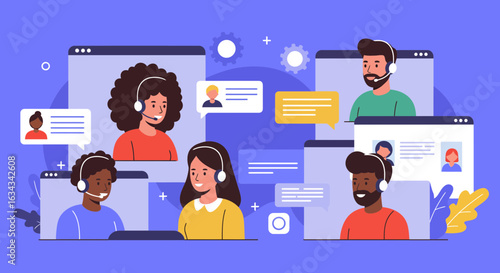 Diverse customer support team providing online assistance via telecommunication system