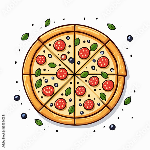 Delicious Pepperoni Pizza with Basil and Olives, Ready to Enjoy in Slices Cartoon Style