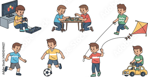 A cartoon illustration showing a boy engaging in different activities and hobbies indoors and outdoors