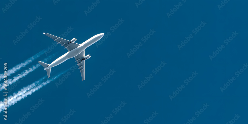 Obraz premium Airplane flying at high altitude with bright sunlight and a vibrant blue sky, creating beautiful contrails