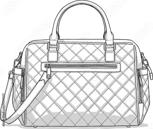 Elegant quilted handbag CAD drawing, flat vector illustration, fashion accessory, stylish purse design, detailed technical sketch, Adobe Stock image
