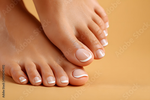 Well-groomed feet with a French pedicure rest on a smooth surface, highlighting elegance and attention to detail