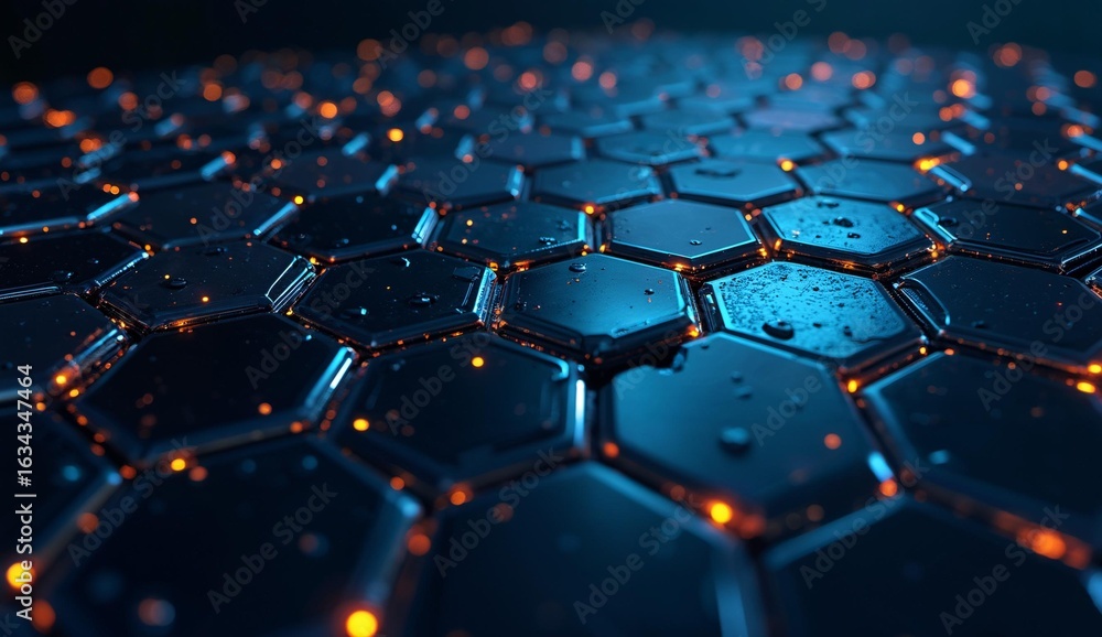 Obraz premium Hexagonal Grid with Illuminated Edges and Reflective Surfaces