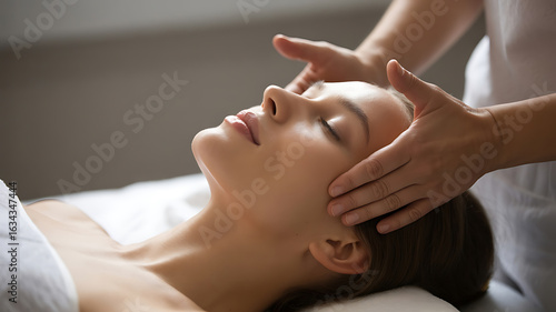 Woman receiving a relaxing facial massage.
