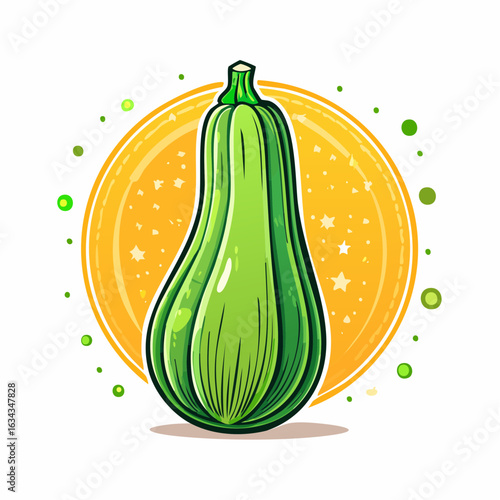 Stylized depiction of a vibrant green zucchini against a decorative yellow backdrop