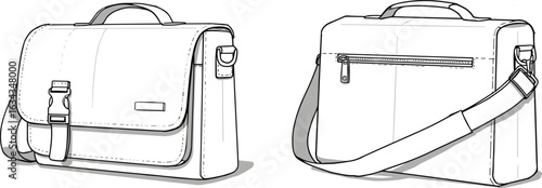 Stylish messenger bag, functional shoulder bag, CAD drawing, flat vector illustration, bag design sketch, fashion accessory, technical product image