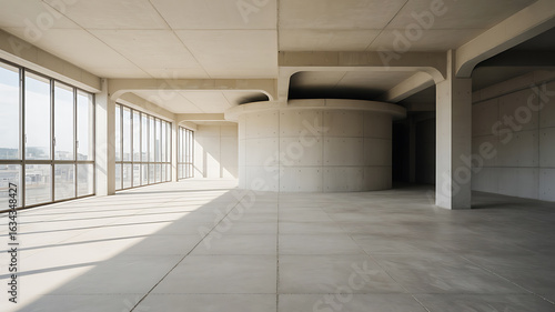 Empty, light-filled concrete interior space.
