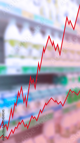 Red graph on supermarket background. Retail industry. Blur rack. Grocery. Shelves with products. CPG. Inflation. Chain store. Merchandise. Rising food price. Tarrifs. Trade war. market. Vertical view.