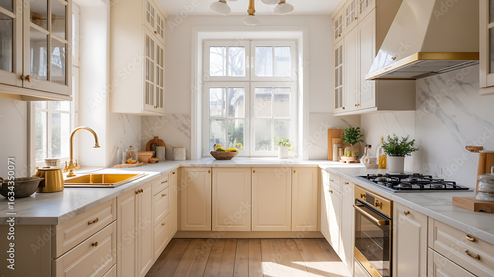 Fototapeta premium Small, sun-drenched kitchen with light wood cabinets and marble accents. 