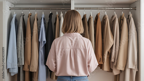 Woman facing closet full of clothes, considering wardrobe choices.
