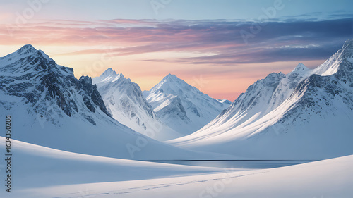 Snowy mountains at sunrise, serene winter landscape.
