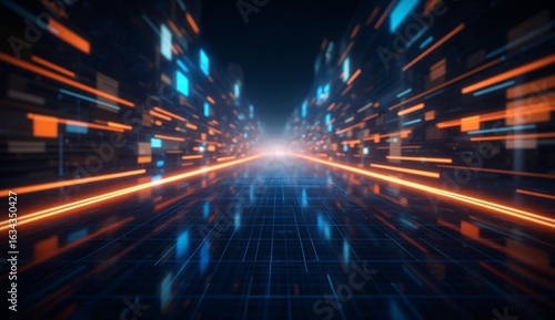 Wallpaper Mural Futuristic Cityscape with Neon Lights and Grid Pathway Torontodigital.ca