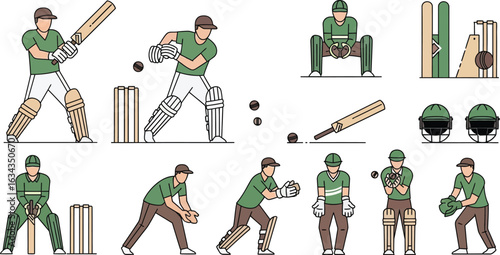 Illustrations depicting various cricket players in action and cricket equipment on white background