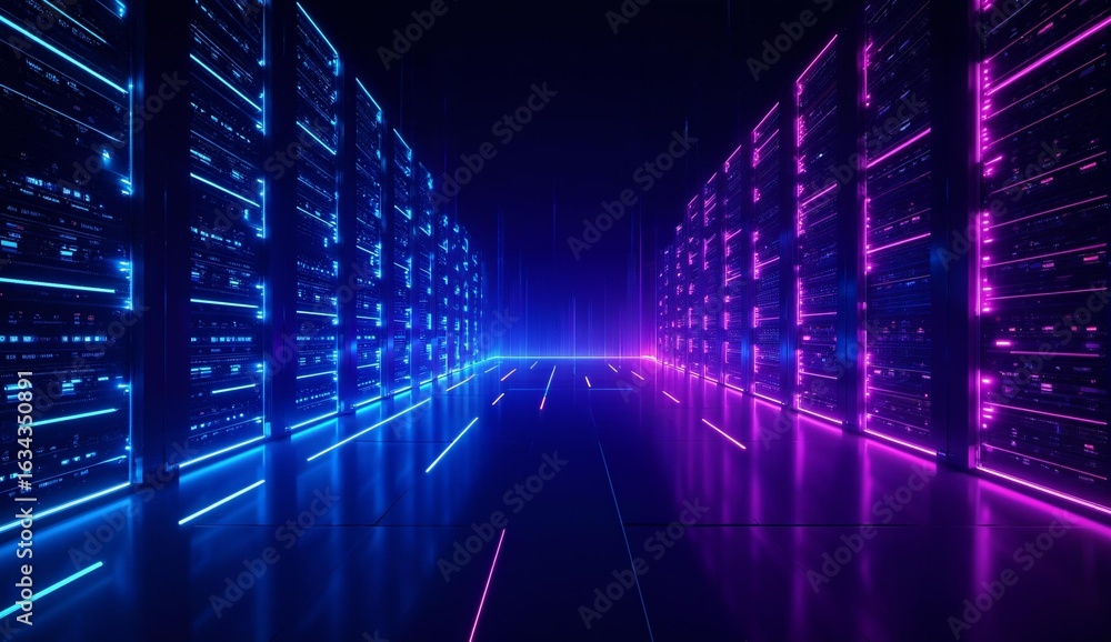 Fototapeta premium Neon-Lit Server Room with Symmetrical Blue and Pink Lighting