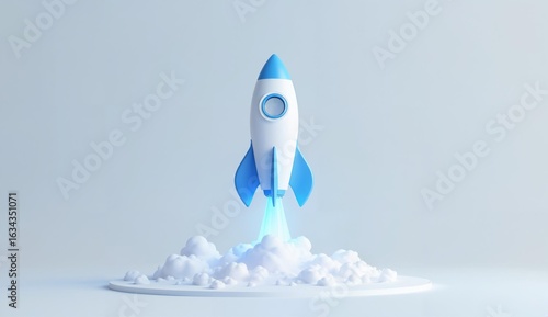 A blue and white rocket launching upwards through clouds against a light background