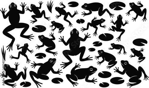 Frog silhouette vector design with lily pads, various jumping and sitting frogs, perfect for wildlife art, nature themes, kids projects, clipart, stickers, decals, and educational use