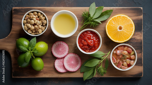 Assorted ingredients arranged on a wooden board.