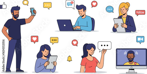 People using different devices for social media and communication with speech bubbles around them