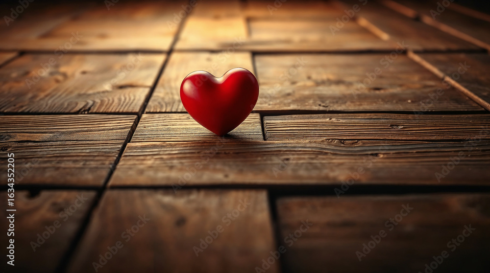 Fototapeta premium A vibrant red heart, a symbol of love and romance, rests on a rustic wooden background, perfect for a vintage Valentine's Day celebration