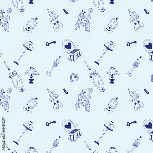 Pattern con icone di elementi d'arredo blu su sfondo chiaro, mobili, sedie, lampade , specchi