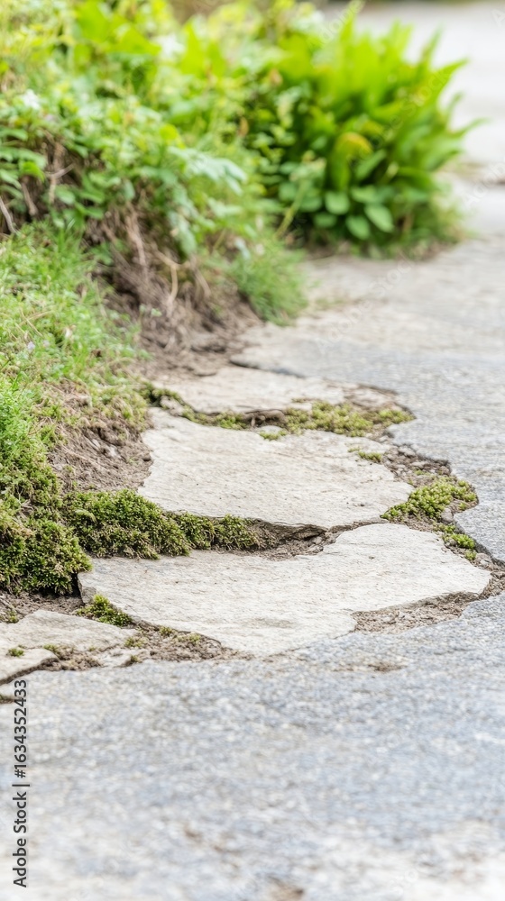 Obraz premium Close-up of a rustic stone pathway adorned with vibrant green moss and lush foliage, evoking serene natural beauty and organic growth in a tranquil garden.