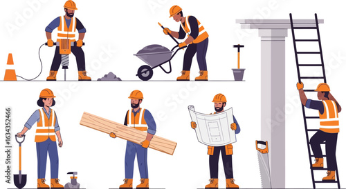 Construction workers in various roles and poses wearing safety gear on a white background illustration