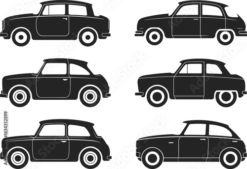 Vintage compact car silhouette set, classic retro automobiles in side view, ideal for vector art, vehicle logos, t-shirts, decals, posters, and collectors