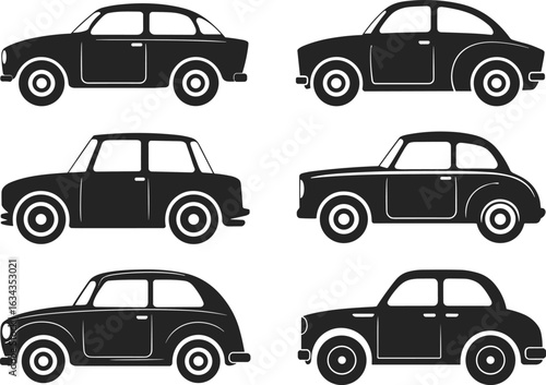 Retro mini car silhouette collection, vintage compact vehicles vector set, side view classic automobile illustrations, perfect for stickers, clipart, icons, design, and collectibles